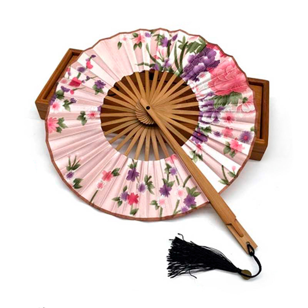 Éventail Japonais en Tissu Rose Pastel Floral