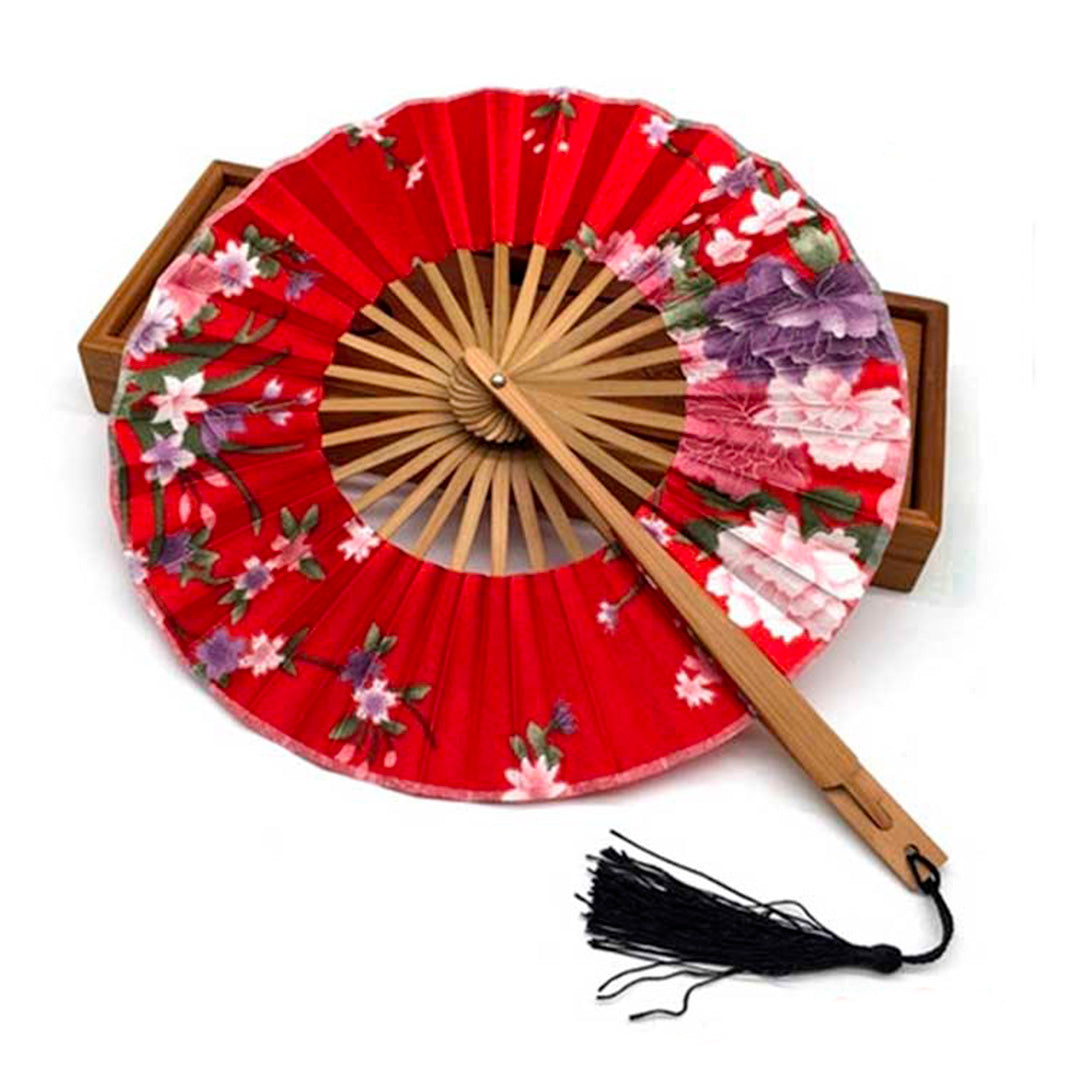 Éventail Japonais en Tissu à Motifs Floraux Rouge