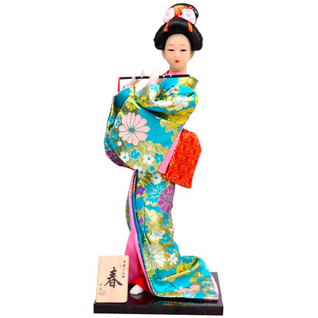 Figurine de Geisha avec Kimono Bleu et Éventail