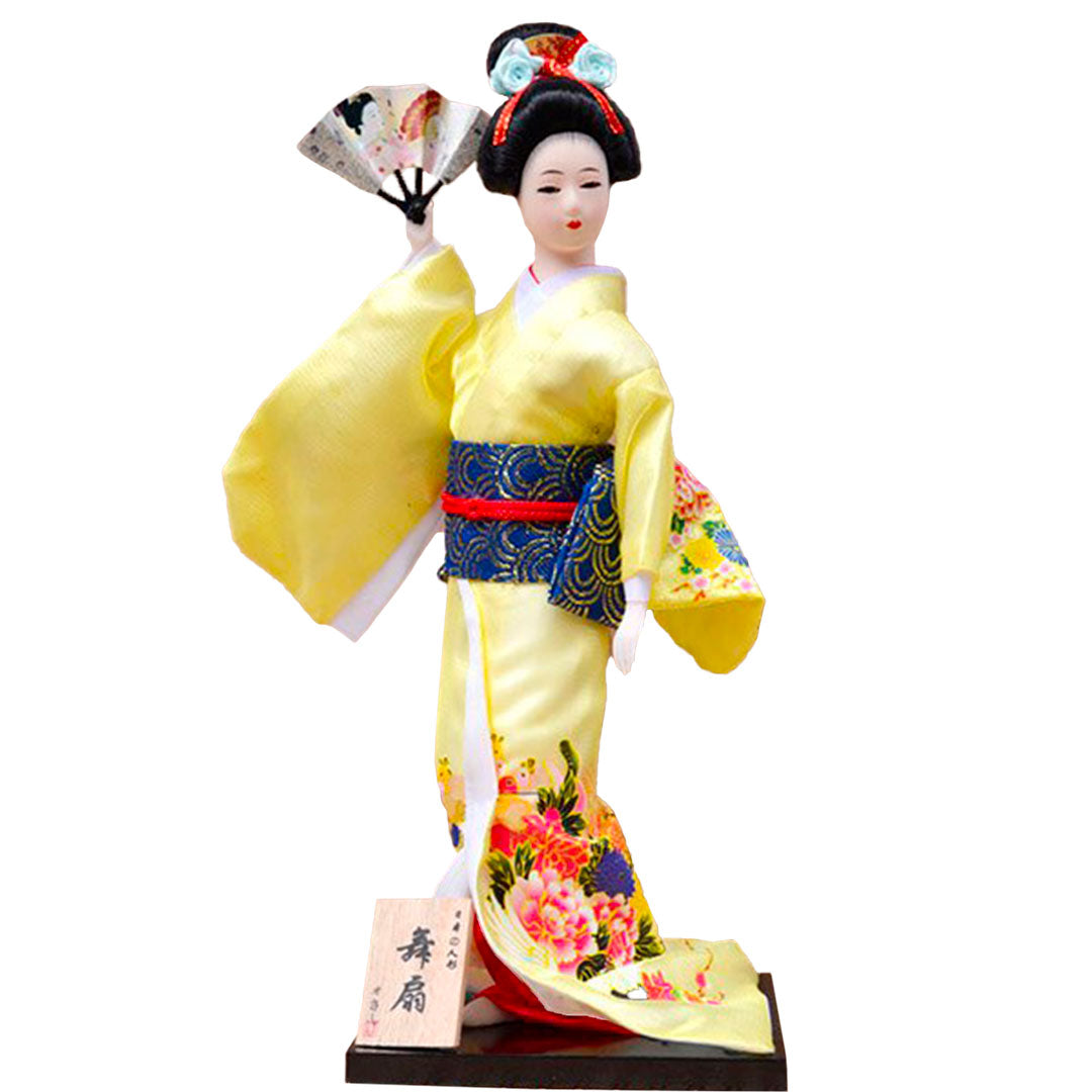 Figurine de Geisha avec Kimono Jaune et Éventail