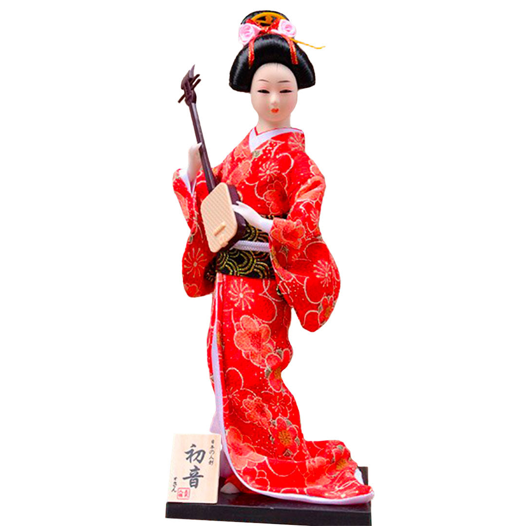 Figurine de Geisha avec Shamisen et Kimono Rouge