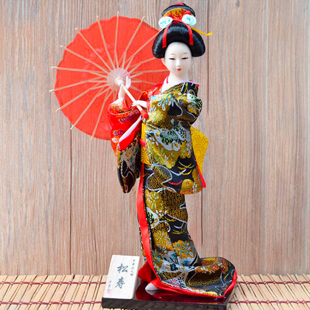 Figurine de Geisha avec Parasol et Kimono Rouge et Violet