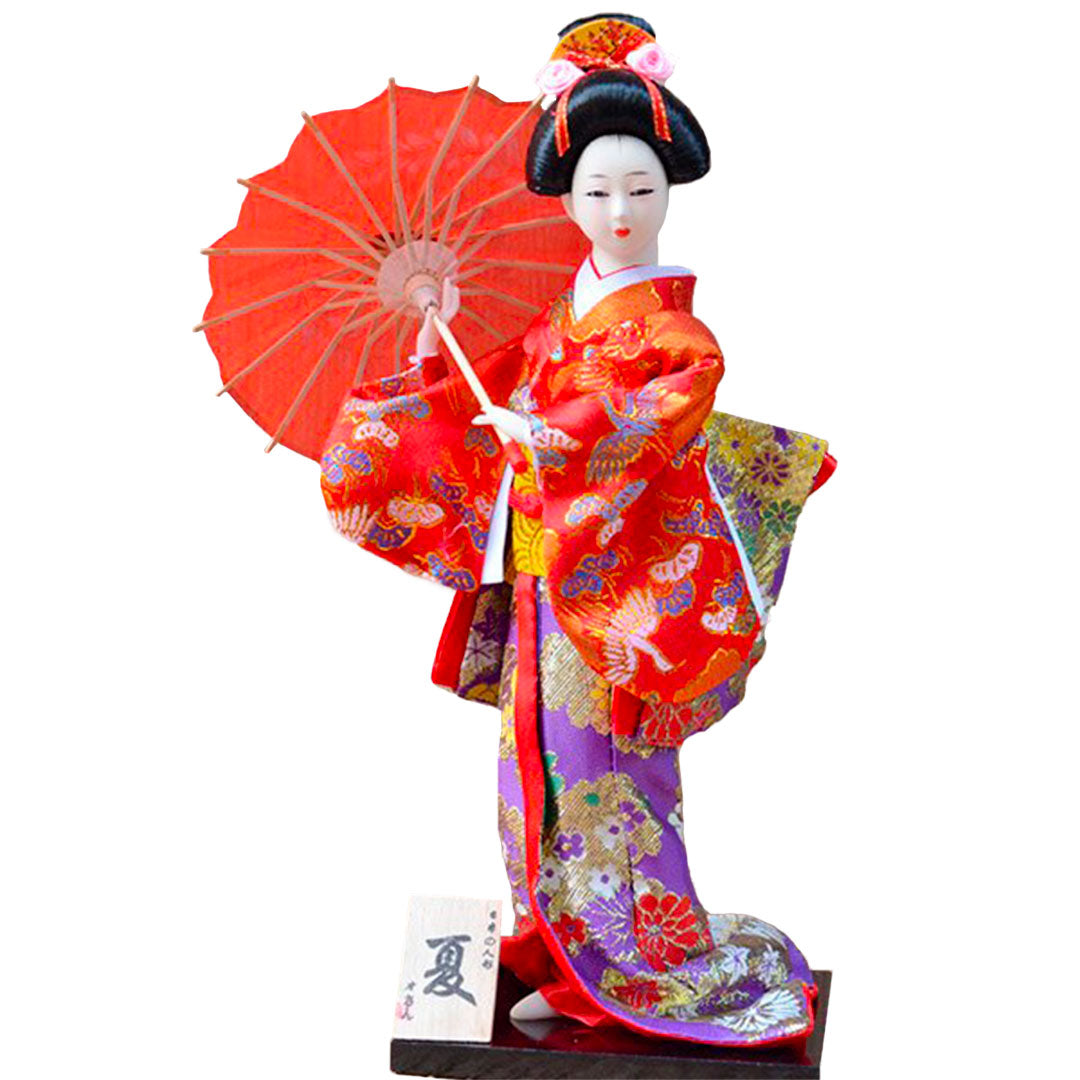 Figurine de Geisha avec Parasol et Kimono Rouge et Violet