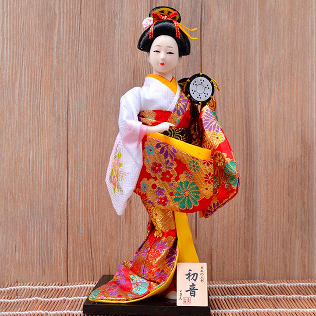 Figurine de Geisha avec Tambour et Kimono Multicolore