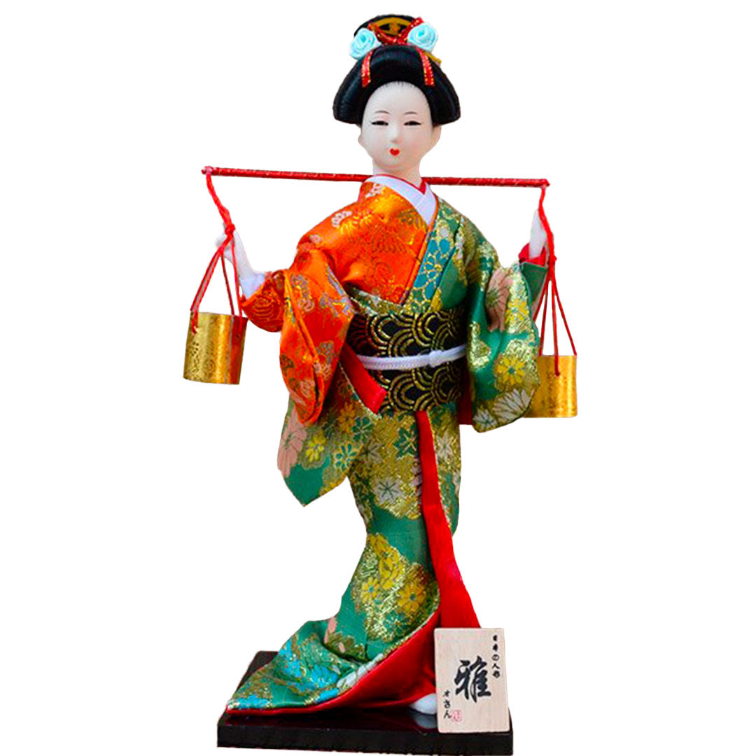 Figurine de Geisha avec Seaux d'Or et Kimono Multicolore