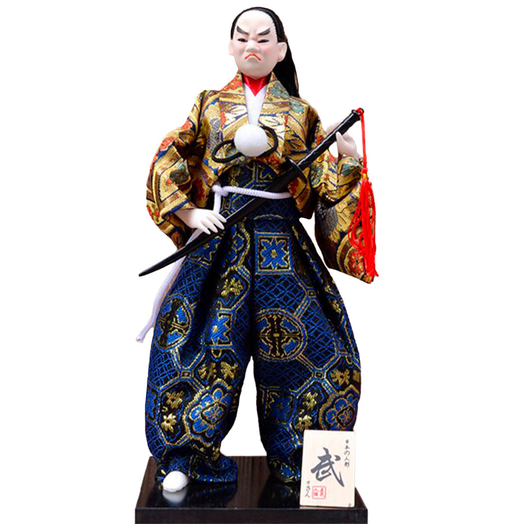 Figurine de Guerrier Japonais en Tenue Traditionnelle Bleue et Or