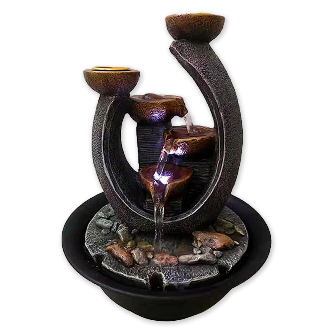 Fontaine à Eau en Cascade avec Anneau Sculpté et Éclairage LED