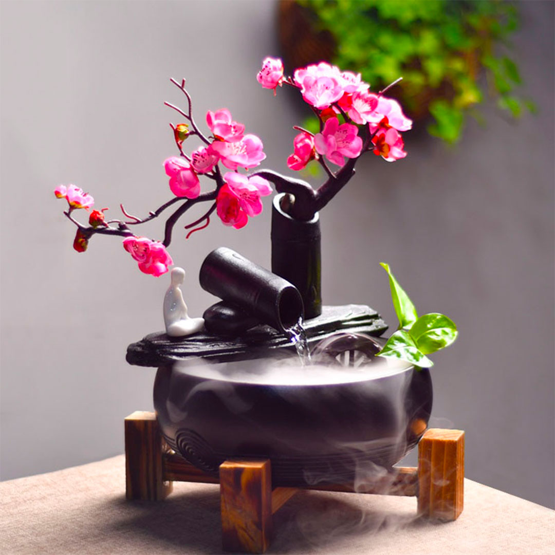 Fontaine à Eau Zen avec Fleurs de Cerisier et Effet Brume