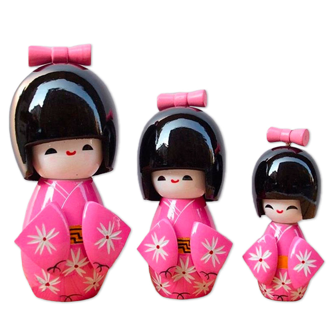 Ensemble de Poupées Kokeshi Traditionnelles en Kimono Rose