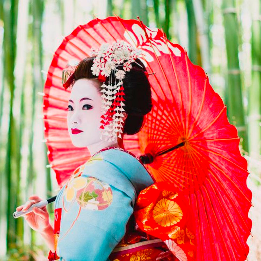 Ombrelle Japonaise en Soie Noire à fleurs Roses