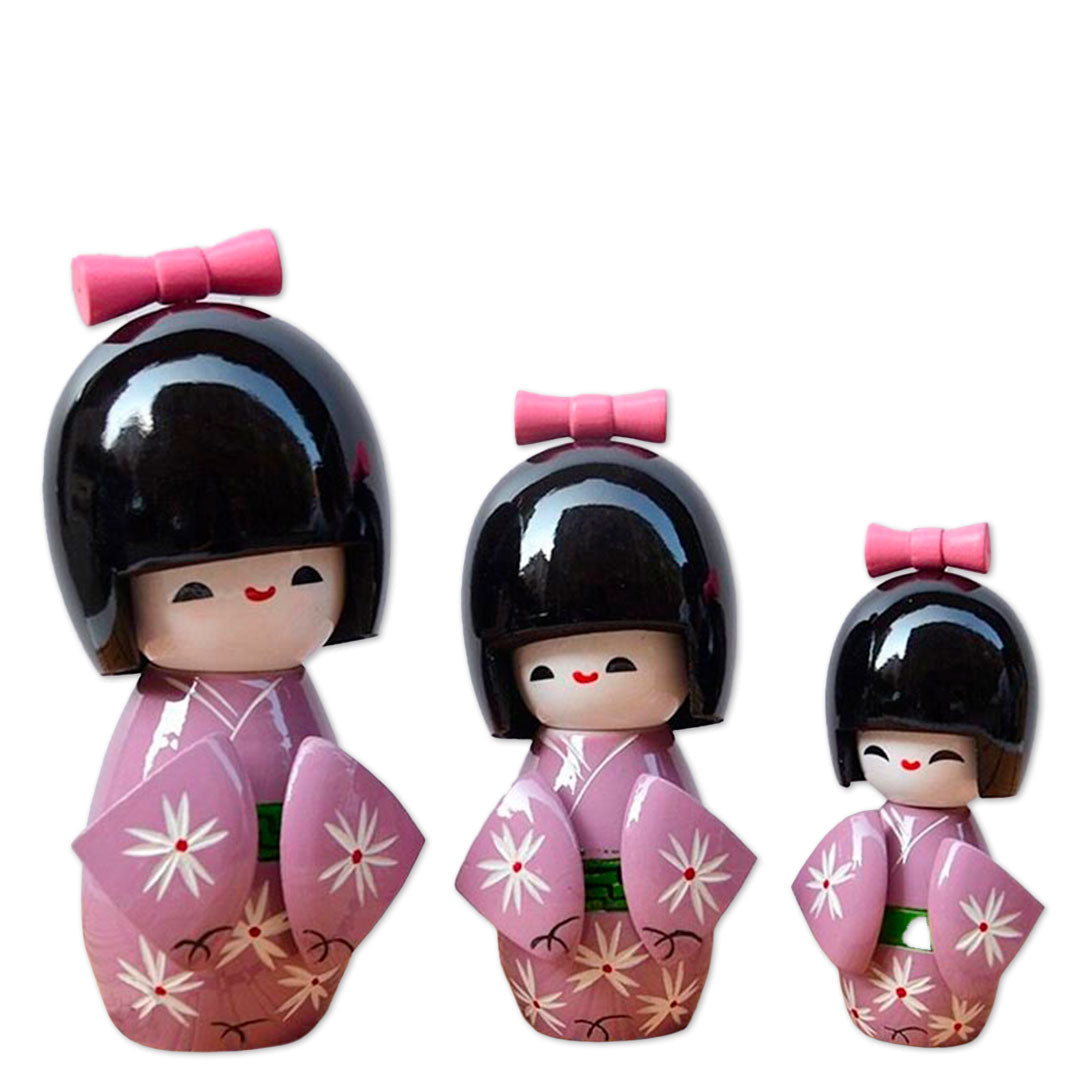 Ensemble de Poupées Kokeshi Traditionnelles en Kimono Violet