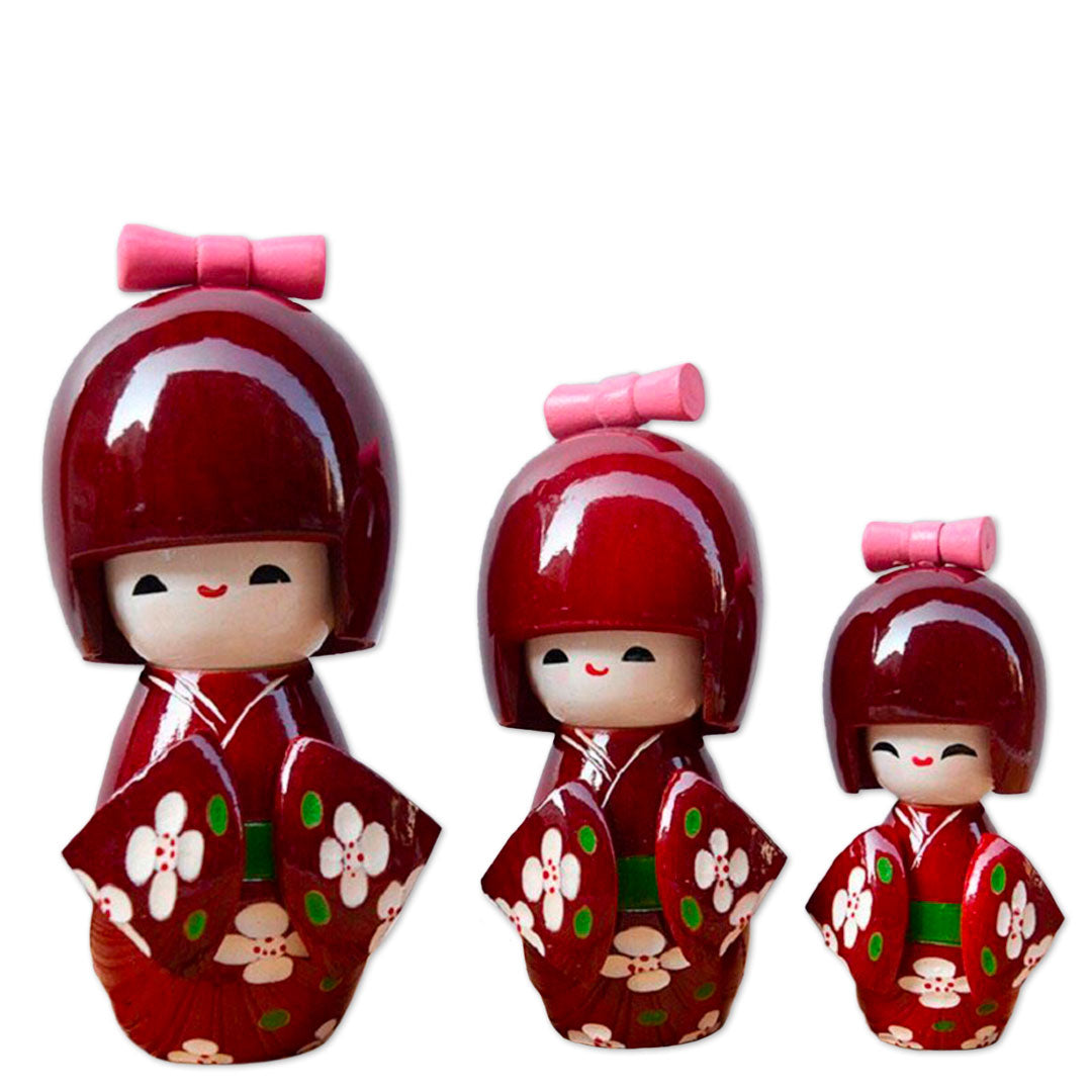 Ensemble de Poupées Kokeshi Traditionnelles en Kimono Rouge Bordeau