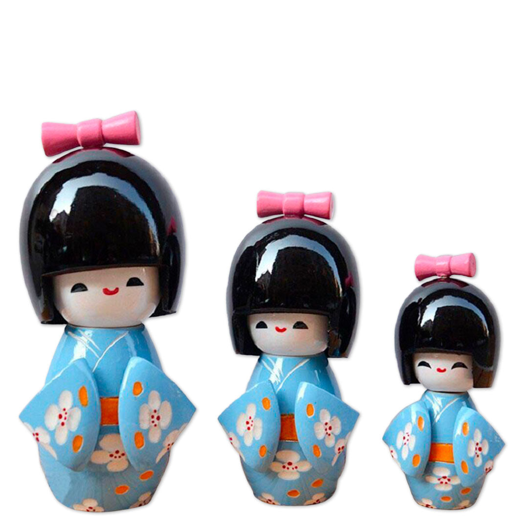 Ensemble de Poupées Kokeshi Traditionnelles en Kimono Bleu