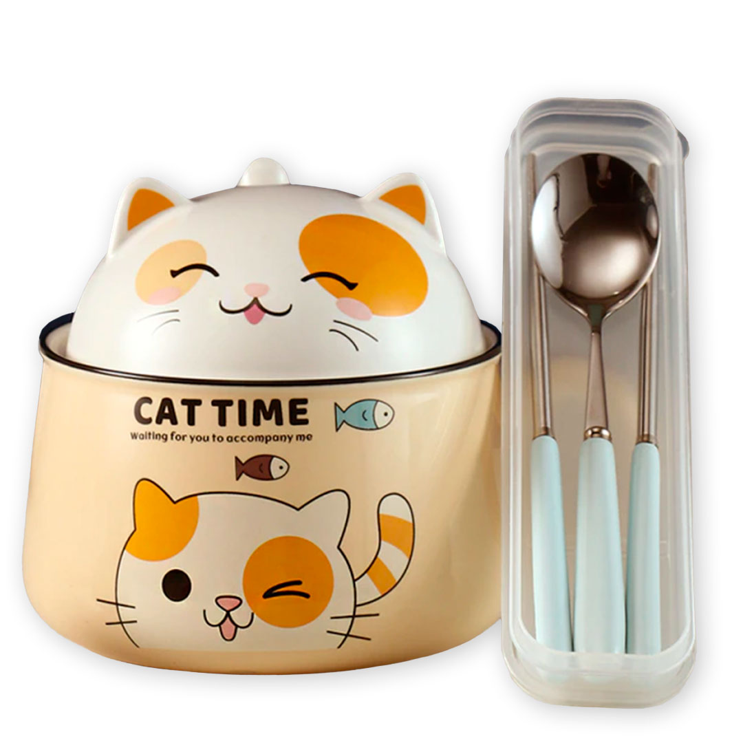 Bol japonais "Cat Time" avec couvercle et couverts