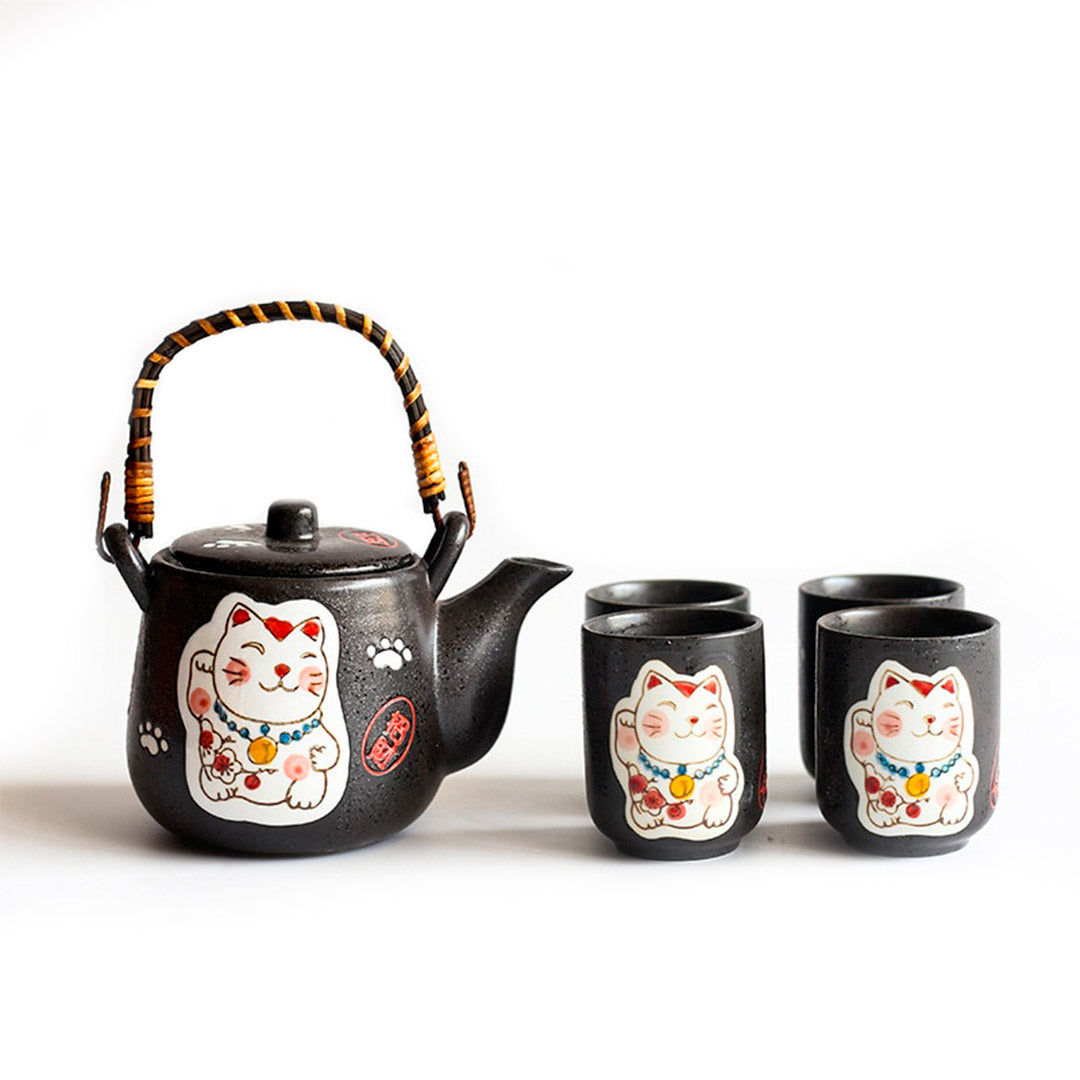 Service à Thé Japonais Maneki-Neko en Fonte Noire