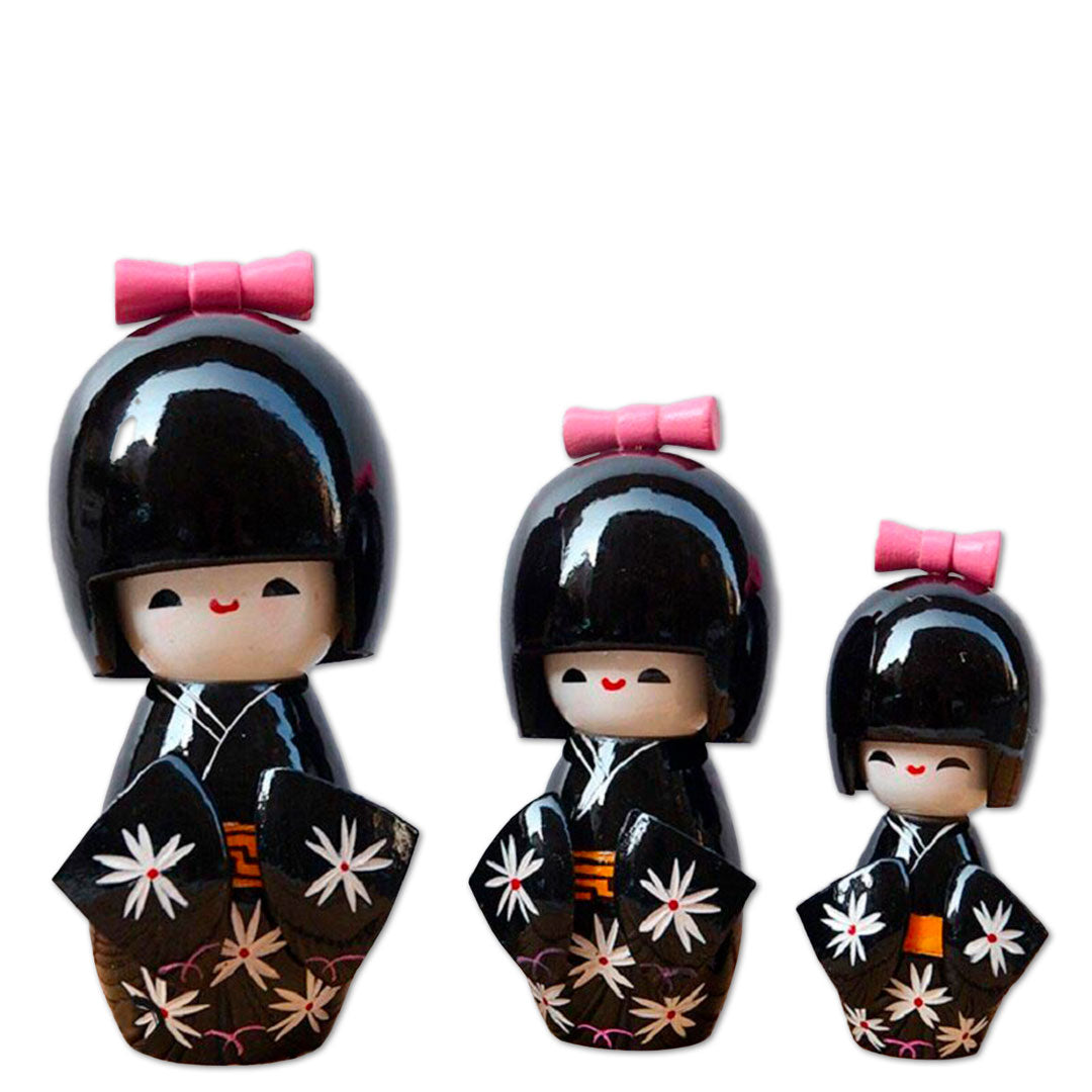 Ensemble de Poupées Kokeshi Traditionnelles en Kimono Noir