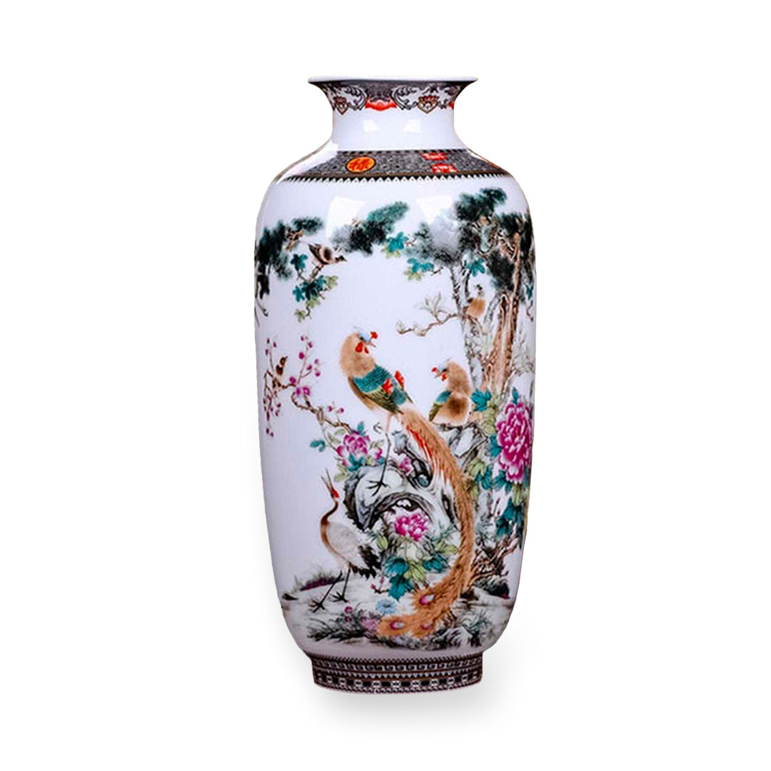 Vase en porcelaine avec motif de paons et fleurs