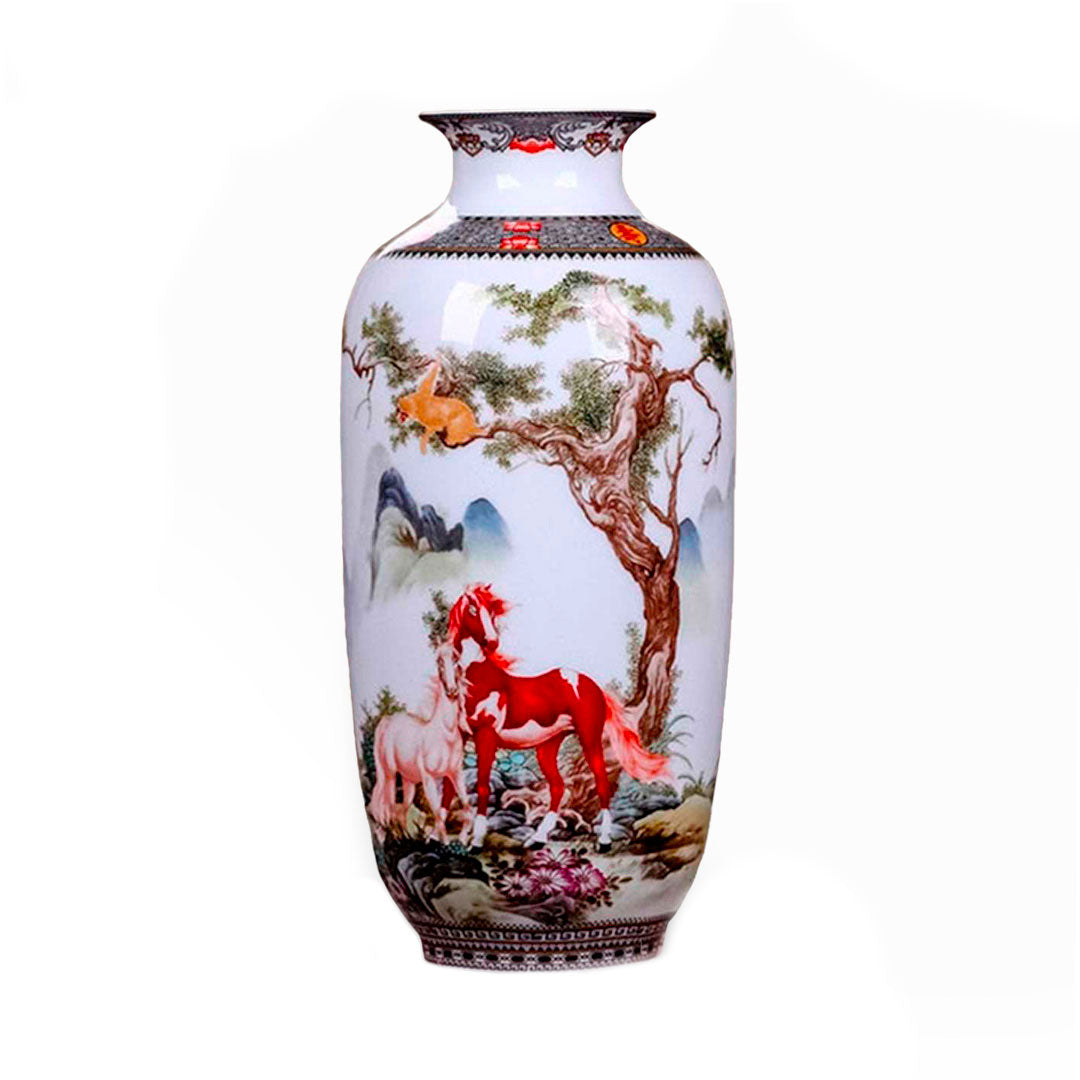 Vase Ikebana en porcelaine avec chevaux