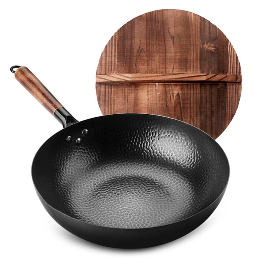 Wok Traditionnel en Fonte avec Couvercle en Bois